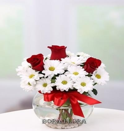 ayıcıklı  kişiye Özel aşkın baş harfi kırmızı gül aranjmanı Çiçeği & Ürünü Fanusta Gül,Papatyalar 