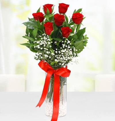 rengarenk kırçiçekleri Çiçeği & Ürünü Cam Vazo 7 Kırmızı Gül 