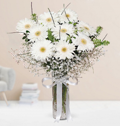 bonsai s gövde 100 cm Çiçeği & Ürünü Vazoda Beyaz Gerberalar 