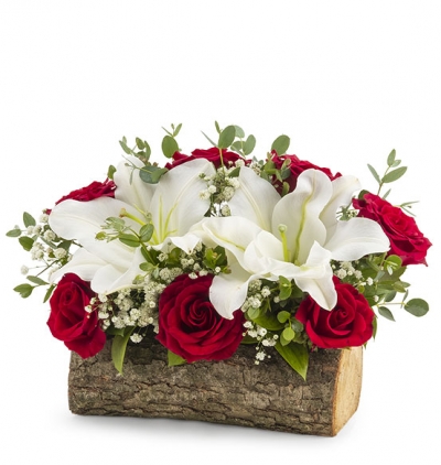 premium çiçek buketi Çiçeği & Ürünü Doğal Ahşap Kütükte Kırmızı Gül ve Kazablanka 