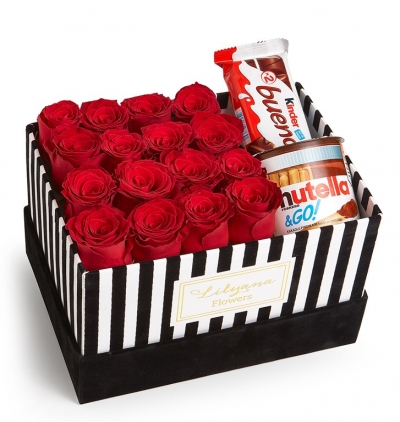 butik buket 40 Çiçeği & Ürünü Çizgili Kutuda Çikolatalı Kırmızı Gül 