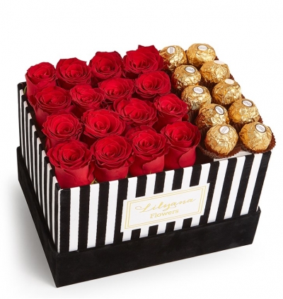 fanusta beyaz güller Çiçeği & Ürünü Çizgili Kutuda Rocher Çikolatalı Kırmızı Gül 