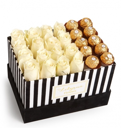 vazoda renkli gerberalar Çiçeği & Ürünü Çizgili Kutuda Rocher Çikolatalı Beyaz Gül 