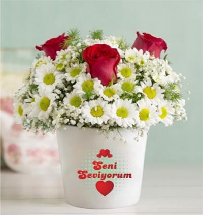 doğum günü vazolu papatya lilyum ve gerberalar Çiçeği & Ürünü Seni Seviyorum Mesajlı  Papatya ve Güller 