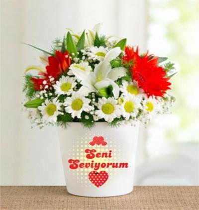 butik buket 64 Çiçeği & Ürünü Seni Seviyorum Vazolu Papatya Lilyum ve Gerberalar 